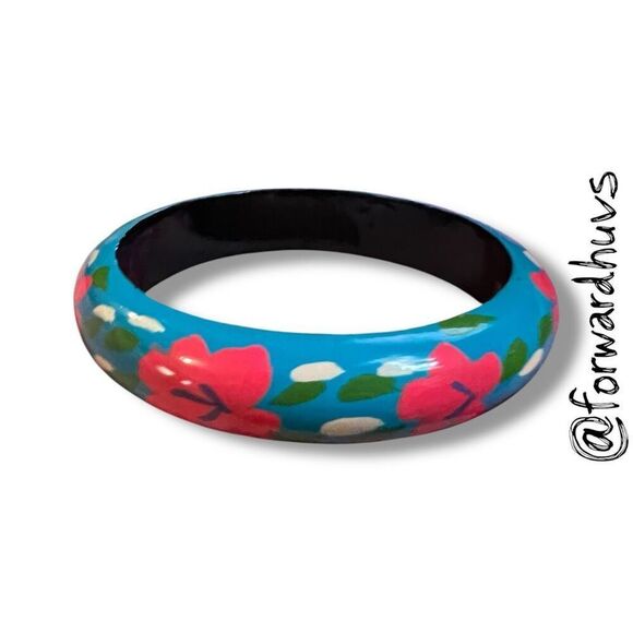 Hand-Painted Wooden Bangle Bracelet - Turquoise with Red Floral Design - Picture 5 of 8